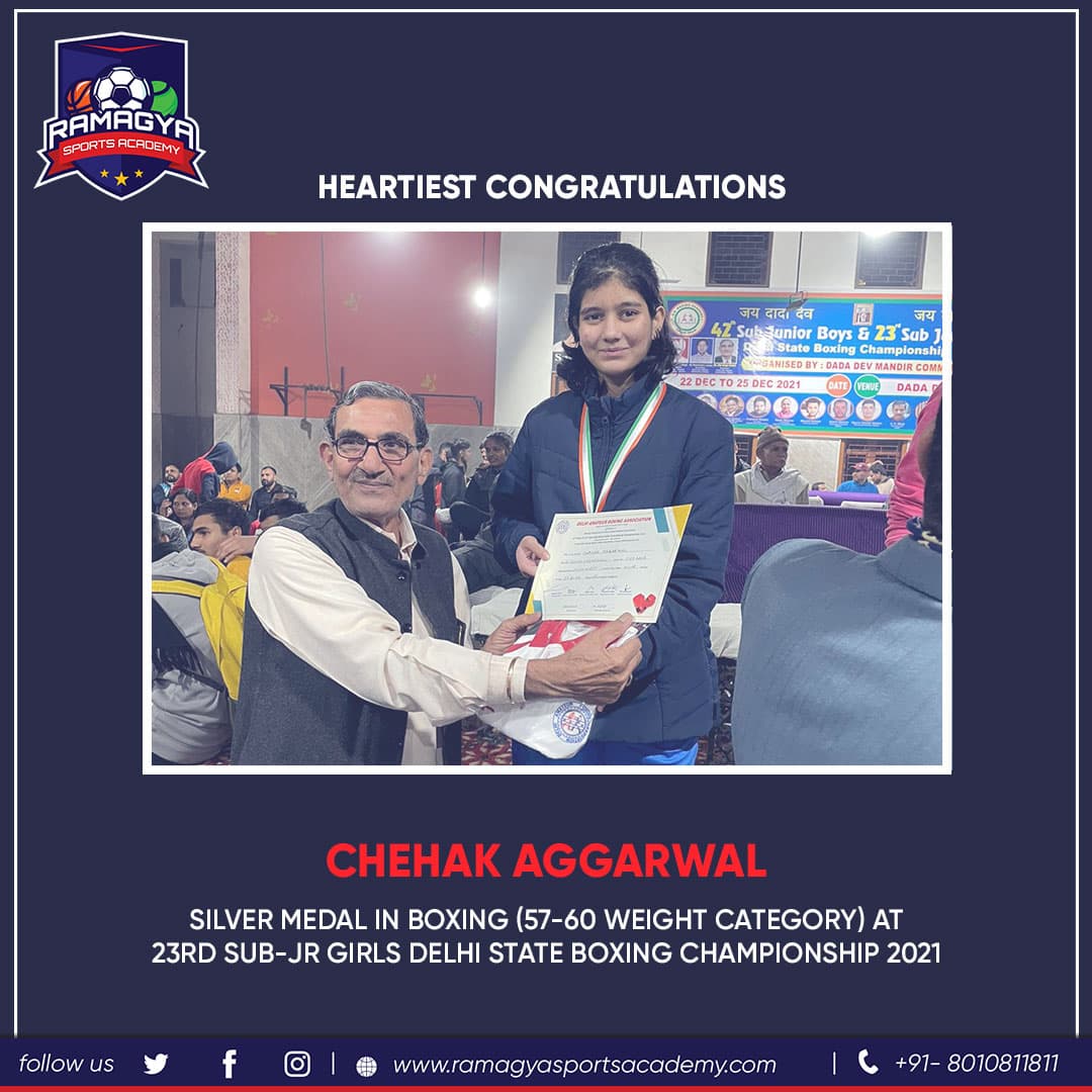 Congrats to Chehak Aggarwal for winning Silver Medal in 23rd Sub – Jr Girls Delhi State Boxing Championship 2021