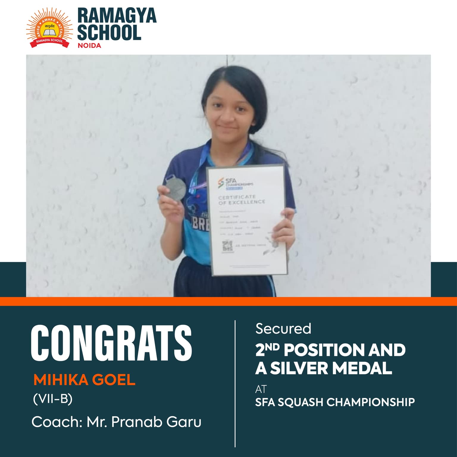  Mihika Goel secures 2nd position and clinches a Silver medal at SFA Squash Championship