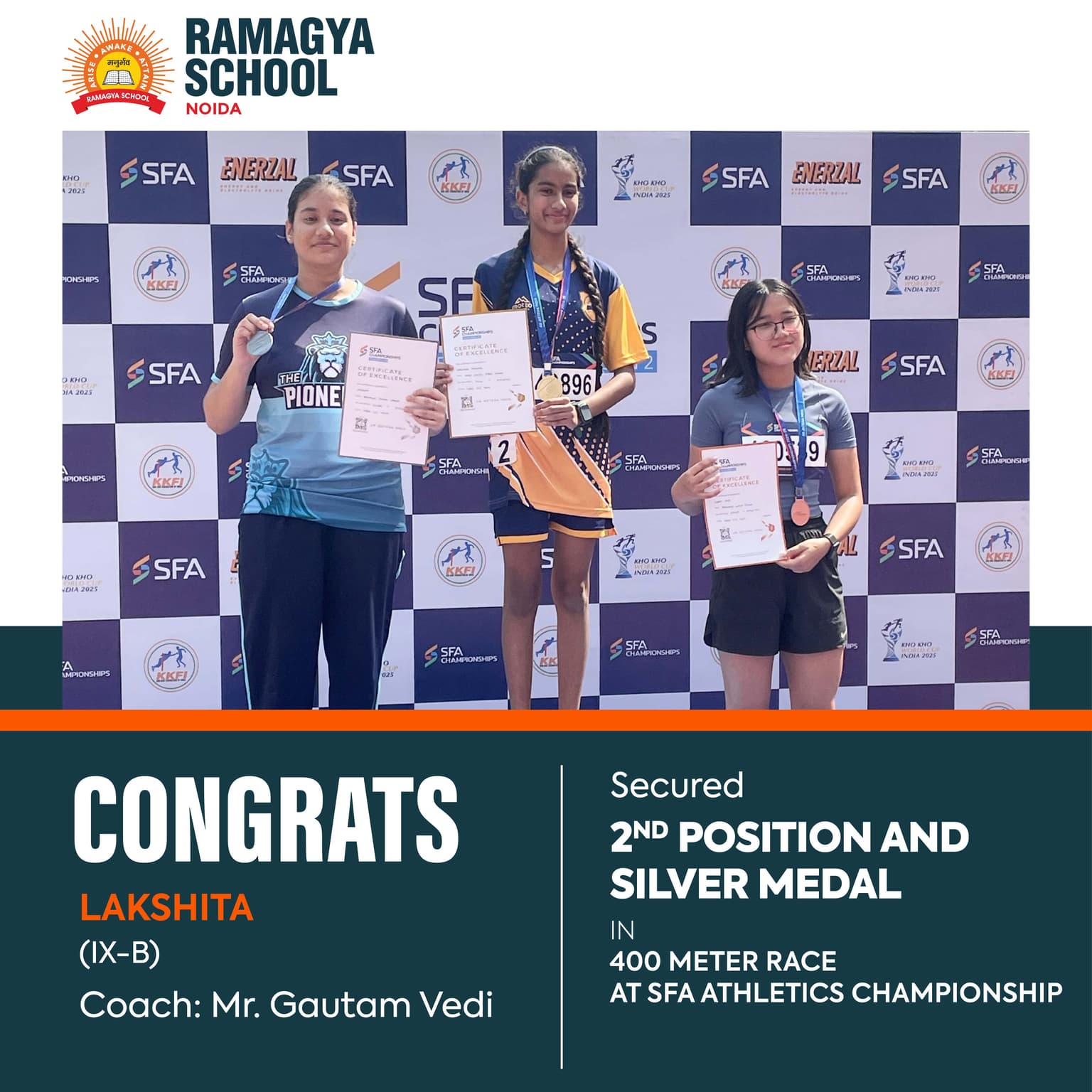 Lakshita secures 2nd Position and clinches Silver medal in 400 meter race at SFA Athletics Championship