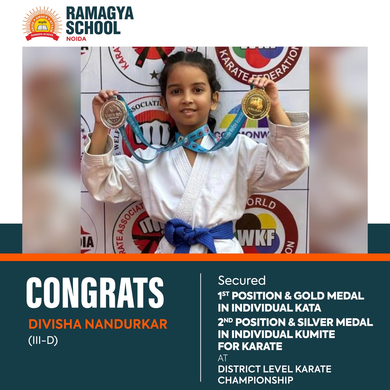 Divisha Nandurkar clinches Gold and Silver medal at District Level Karate Championship