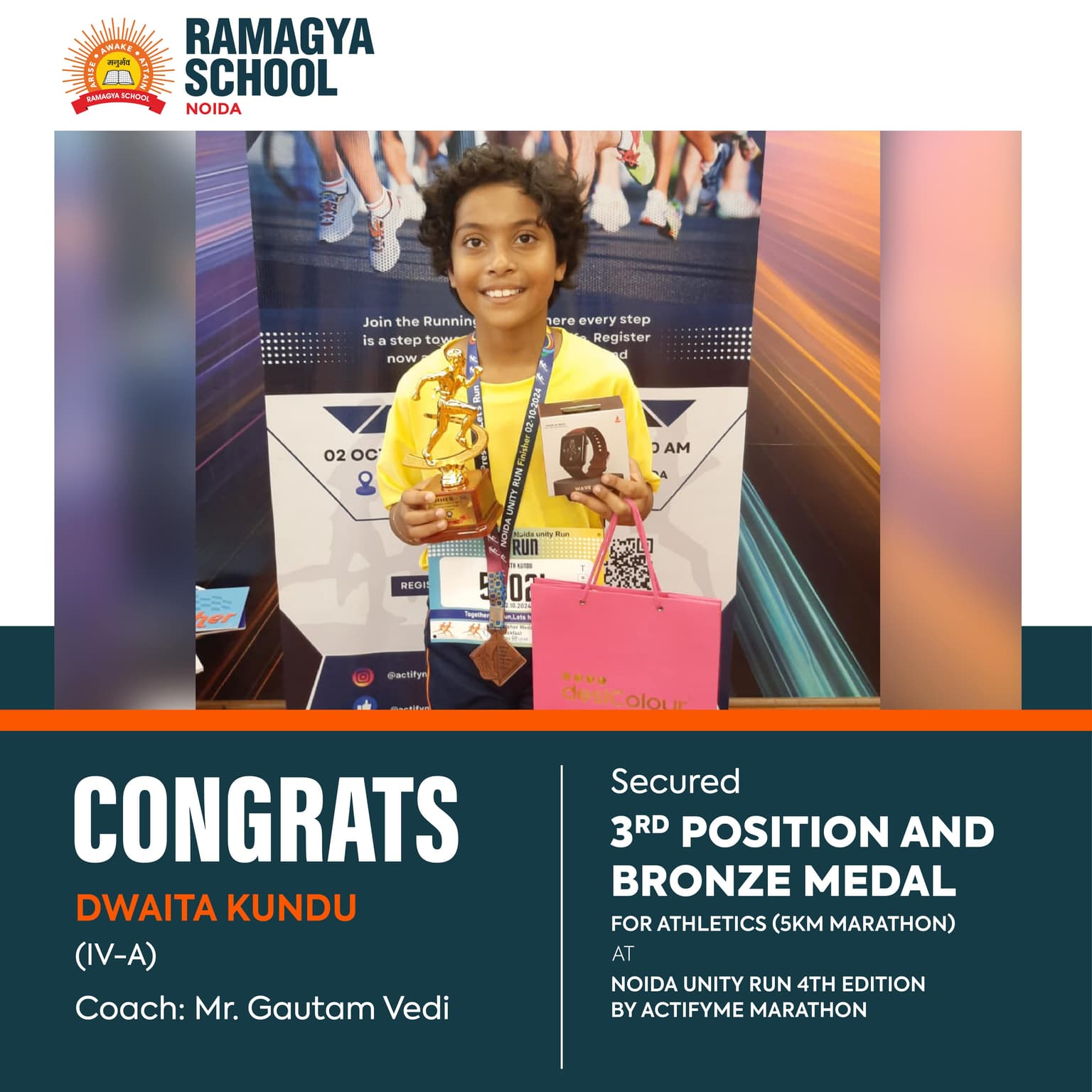 Dwaita Kundu secures 3rd position and a bronze medal at Noida Unity Run 4th Edition by ACTIFYME MARATHON