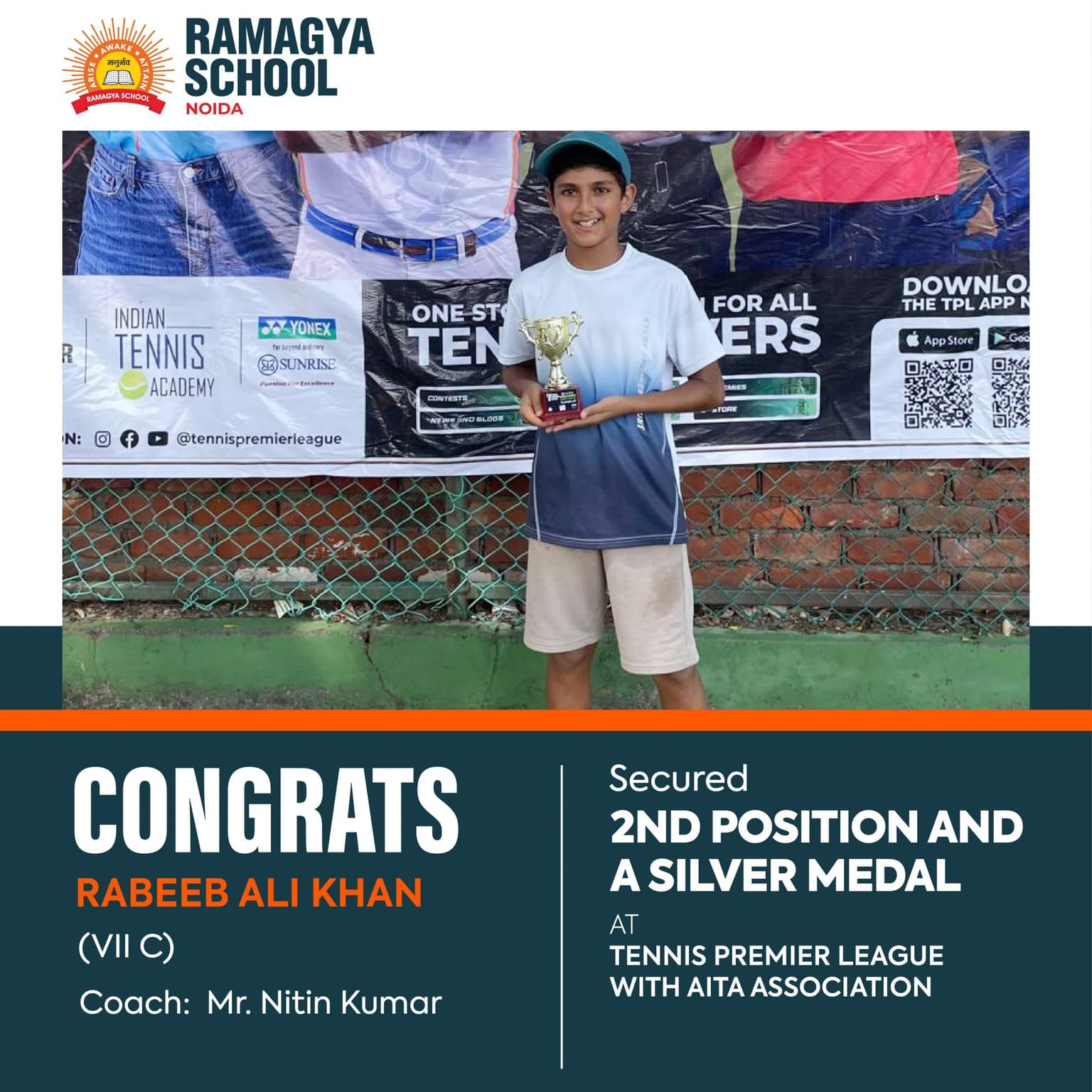 Rabeeb Ali Khan secured 2nd place and clinched a Silver medal in TPL Tennis Tournament