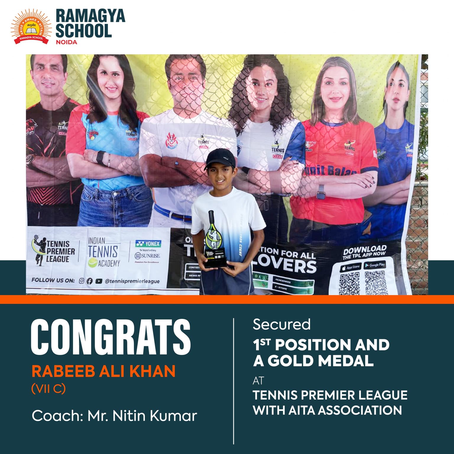 Rabeeb Ali Khan bagged 1st position and a Gold medal at Tennis Premier League with AITA Association.