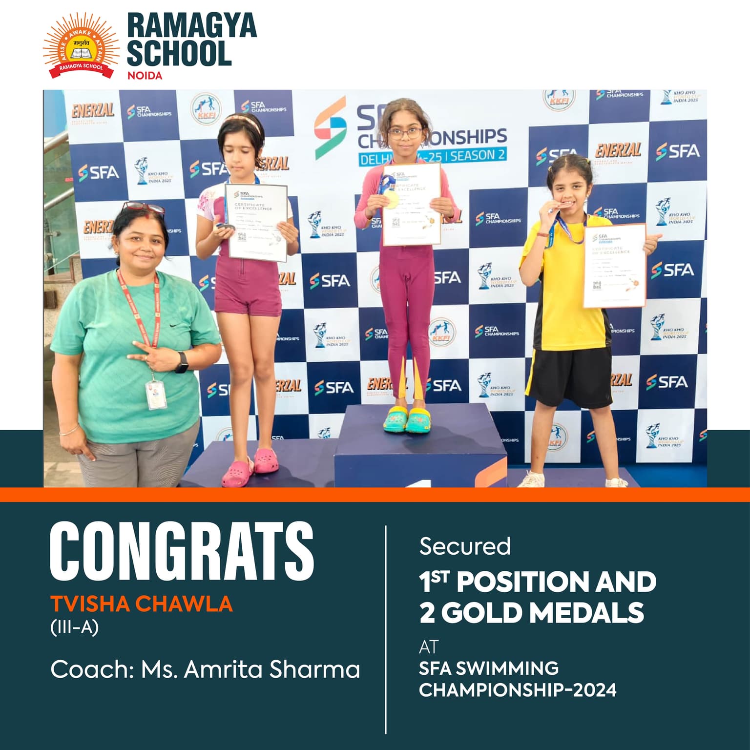 Tvisha Chawla secures 1 position and 2 gold medals at SFA Swimming Championship 2024