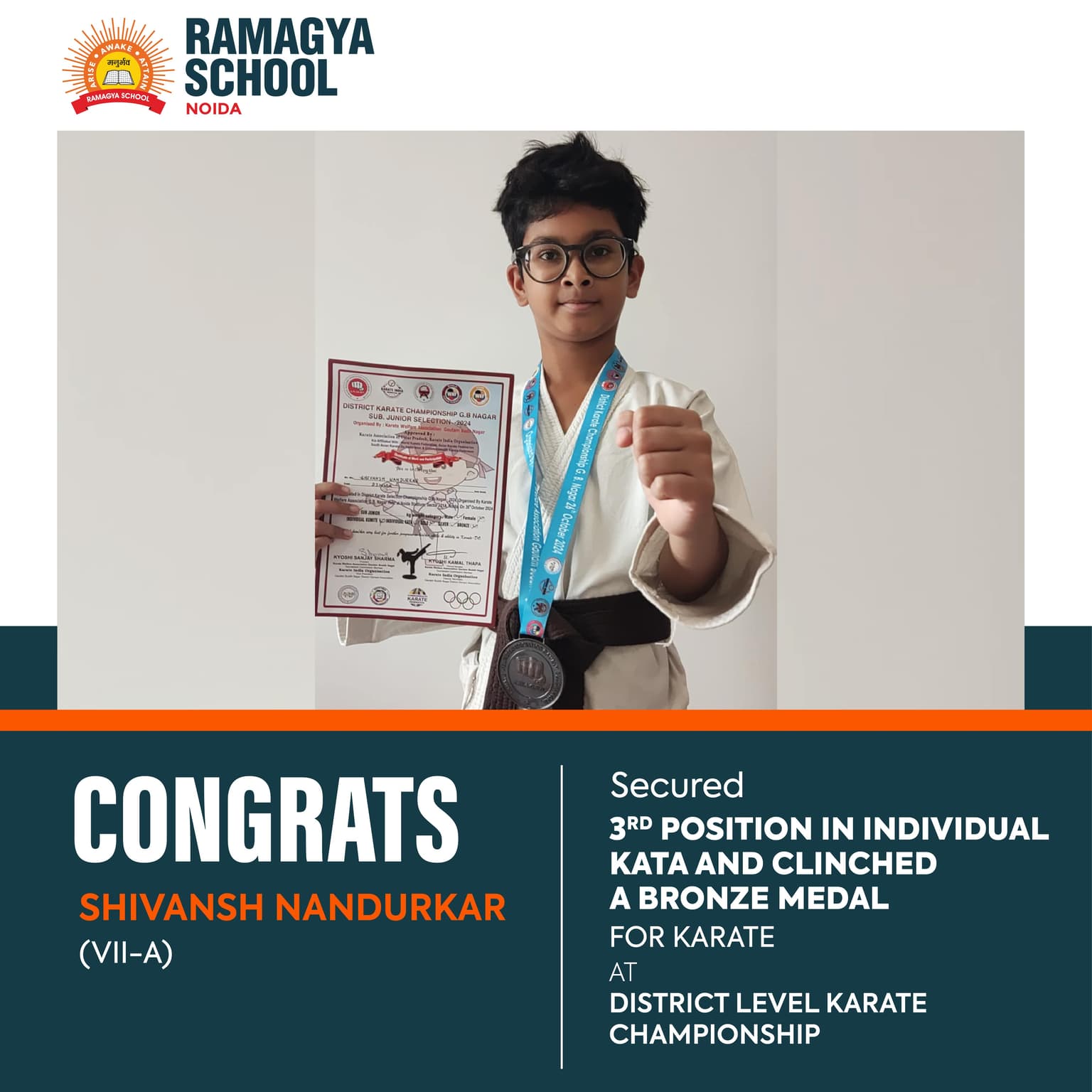 Congrats to Shivansh Nandurkar for winning Bronze at District Level Karate Championship