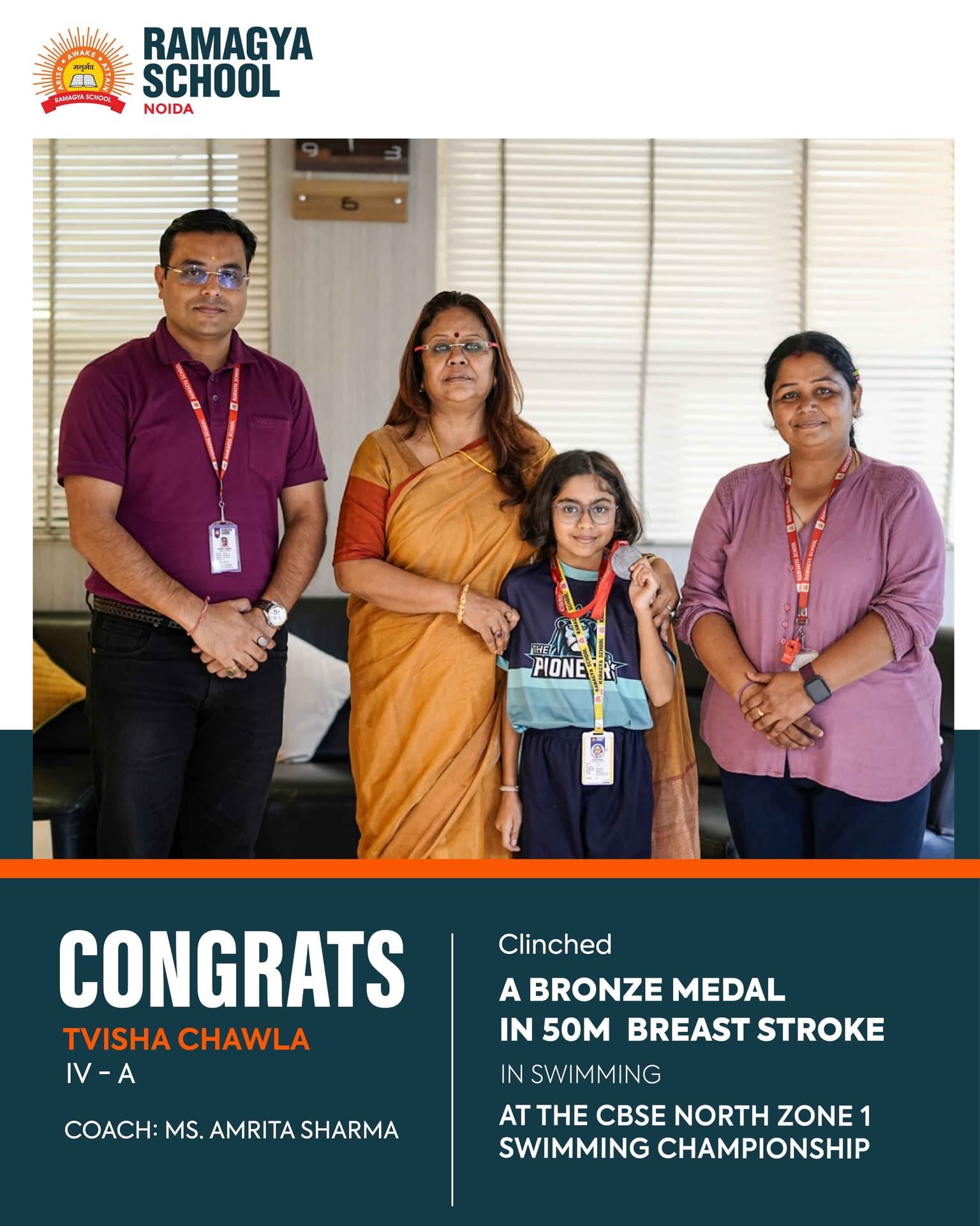 Bronze Medal for Tvisha Chawla at CBSE North Zone 1 Swimming Championship
